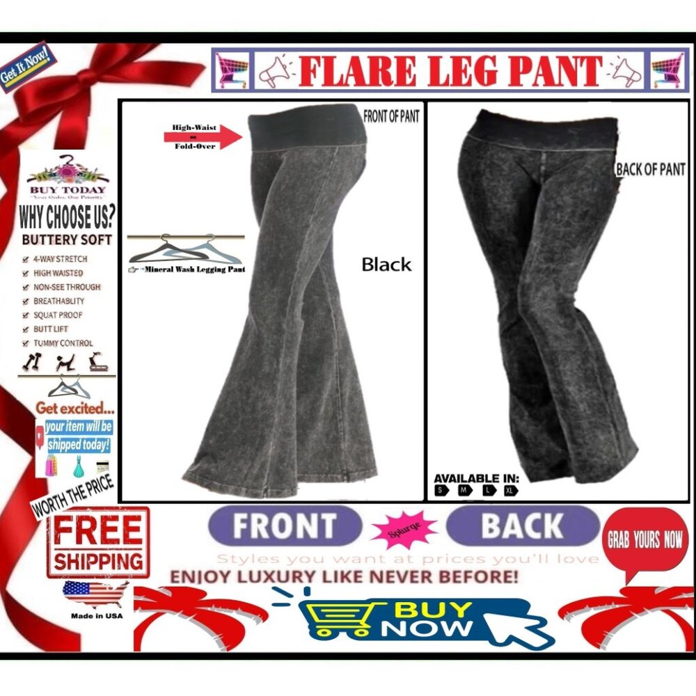 🛑 BOTTOM Fold Over FLARE LEG ➕ LEGGING 🆒 PANT High Waist Mineral Wash BUY NOW❗